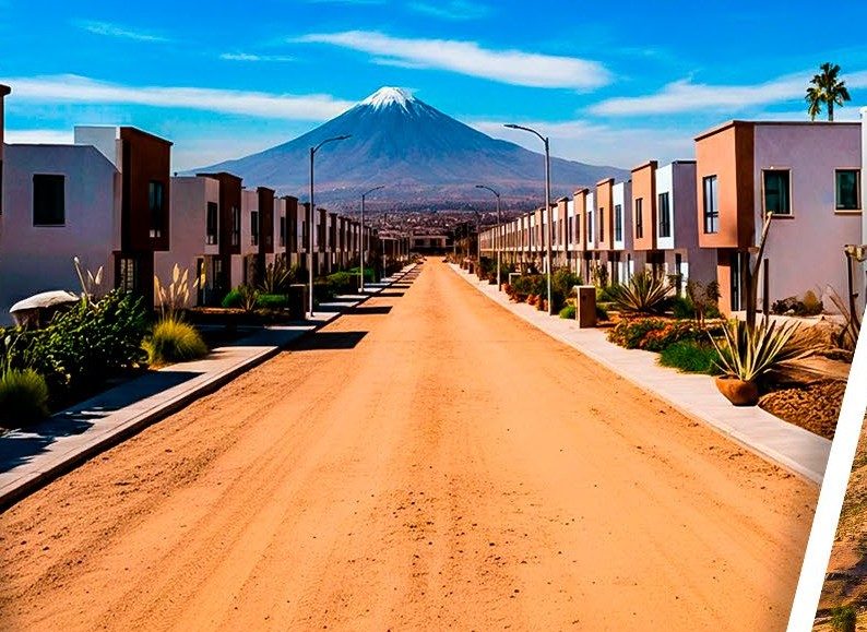 Calle de viviendas con vista al volcán Misti