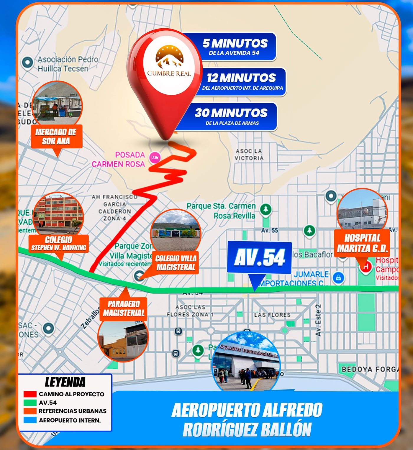 Mapa de ubicación de Cumbre Real: acceso por Av. 54 y Villa Magisterial, Cerro Colorado, Arequipa