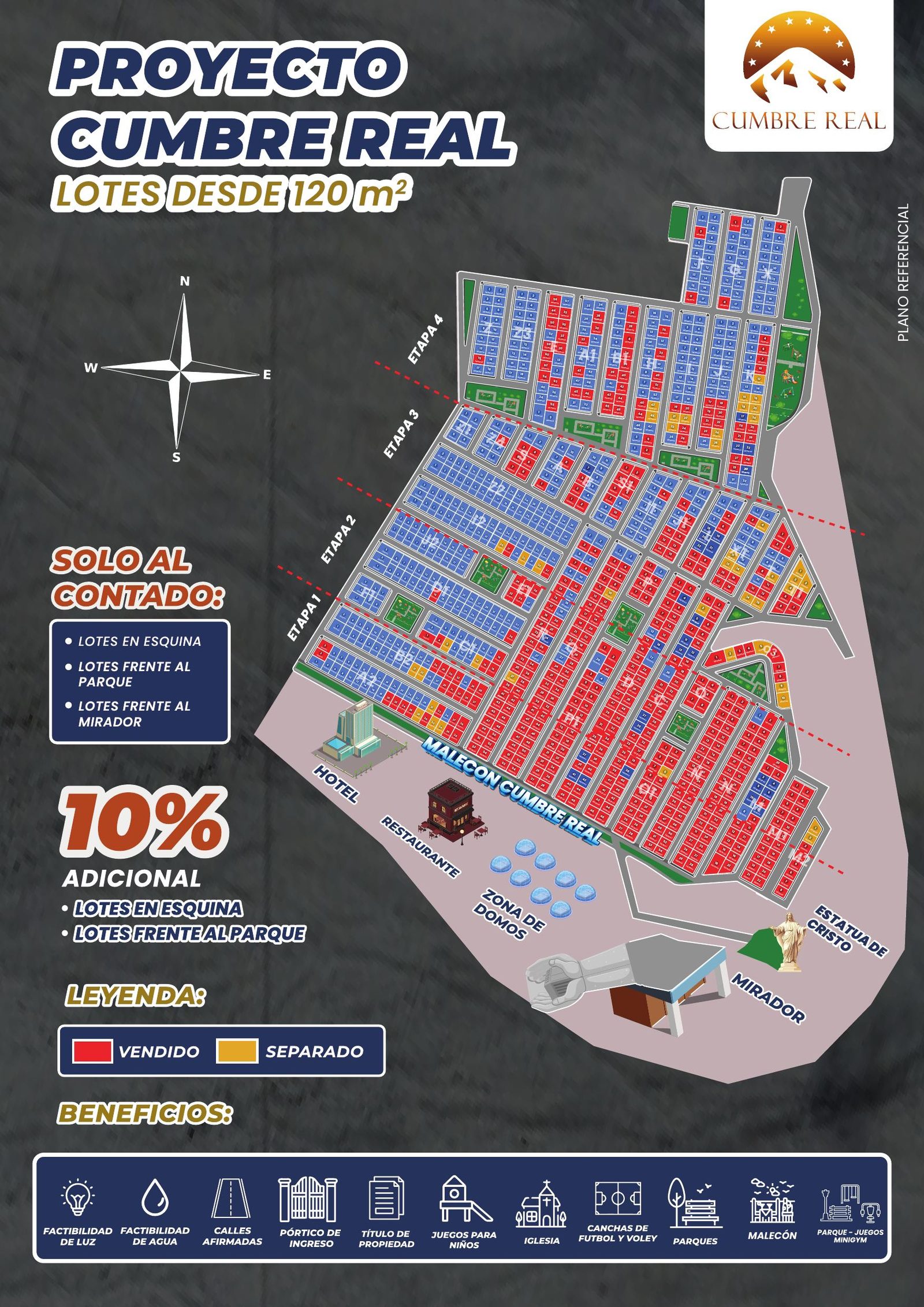 Plano referencial de lotización de Cumbre Real, dividido en cuatro etapas